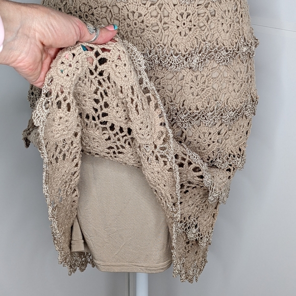 Boston Proper EUC crochet cold shoulder ruffles dress metallic small taupe brown - Picture 8 of 16
